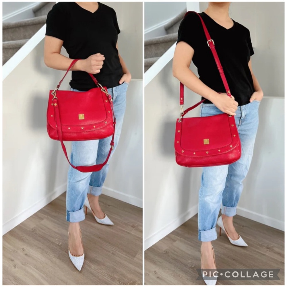 MCM RED LEATHER STUDDED
DETAIL FLAP 2 WAY SHOULDER
BAG